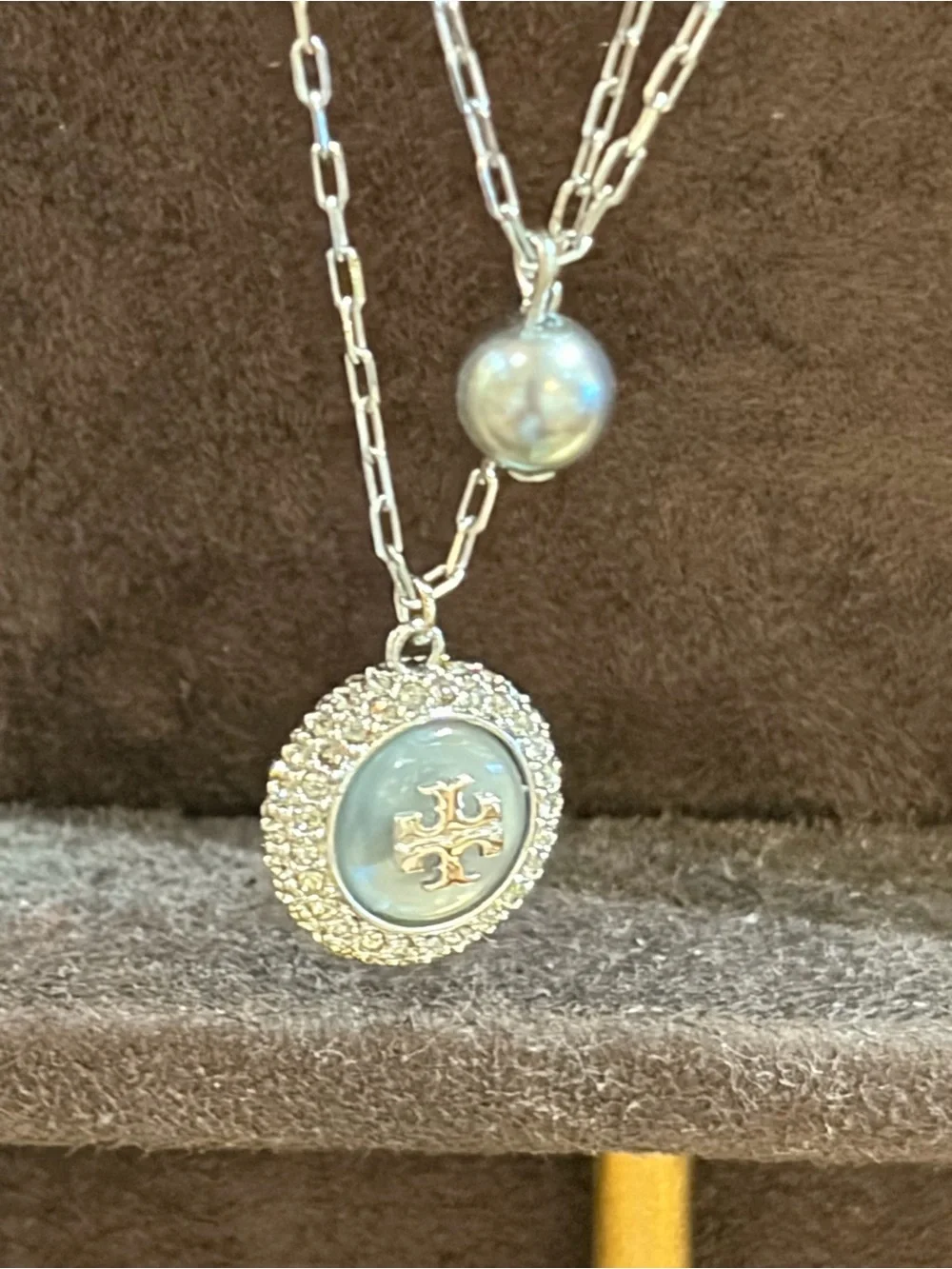Tory Burch Moondance silver two layer  Crystal Logo pearl small Pendant Necklace